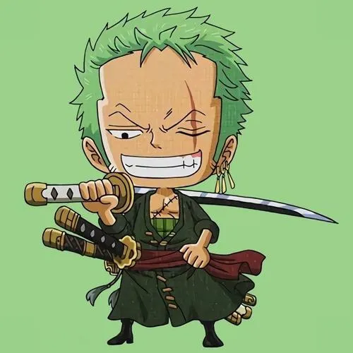 Bộ 50 Ảnh Zoro Chibi cute cầm ba thanh kiếm tóc xanh rêu và sẹo mắt trái nổi bật